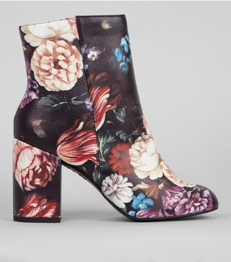 Black Floral Print Heeled Boots | New Look