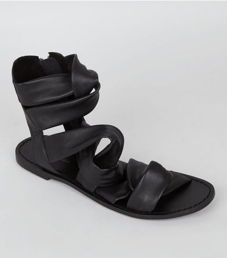 Black Leather Strappy Knot Front Sandals | New Look