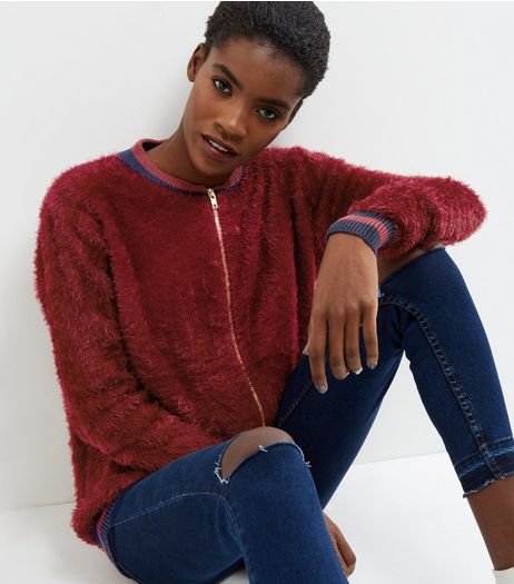 QED Burgundy Fluffy Zip Front Cardigan | New Look