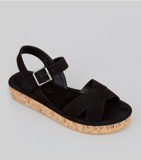 Teens Black Suedette Cross Front Cork Sole Sandals | New Look