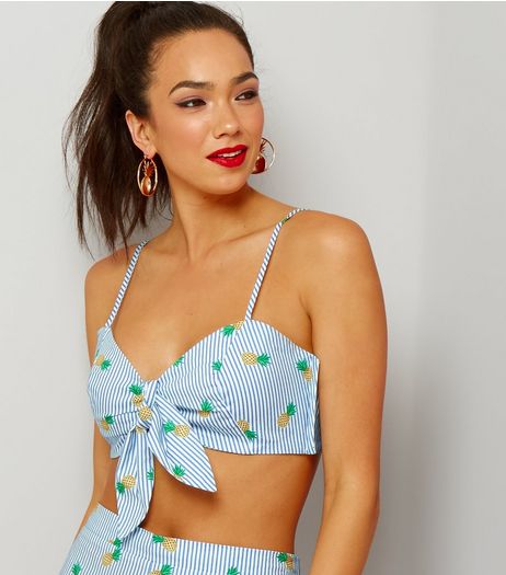 Blue Pineapple Stripe Print Tie Front Crop Top | New Look