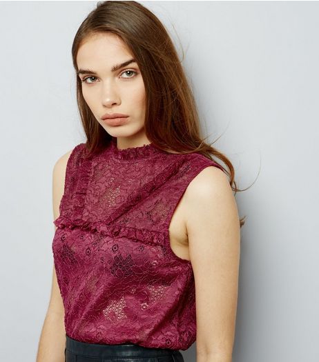 Burgundy Lace Frill Trim High Neck Top | New Look