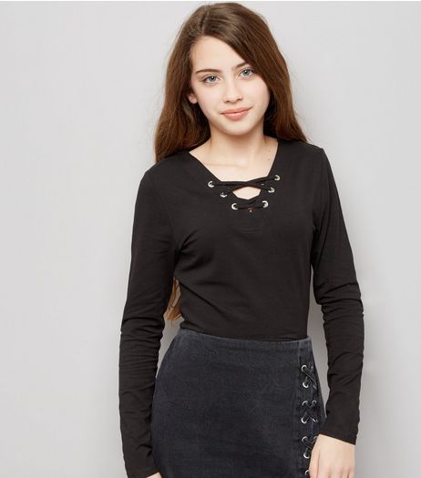 Teens Black Eyelet Lace Up Long Sleeve Top | New Look