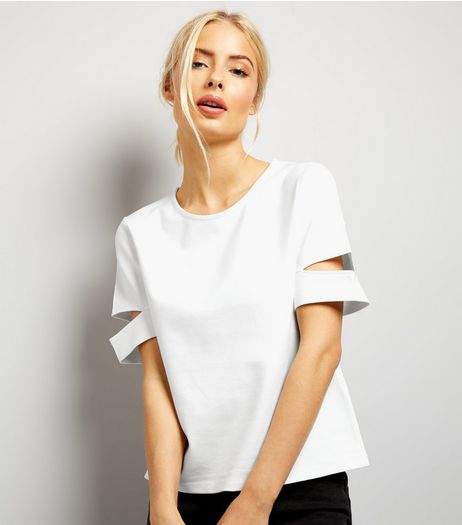 Cream Cut Out Sleeve T-Shirt | New Look