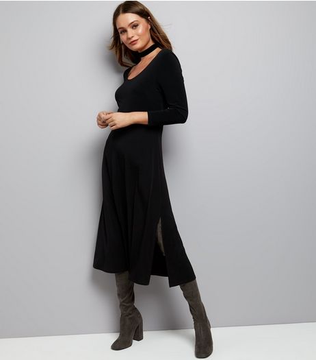 Black Jersey Long Sleeve Midi Skater Dress | New Look