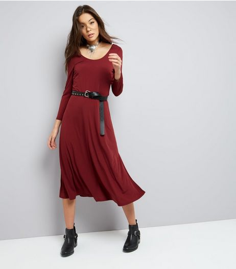 Burgundy Long Sleeve Skater Midi Dress | New Look