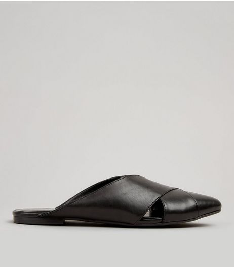 Black Leather Cross Strap Pointed Mules | New Look