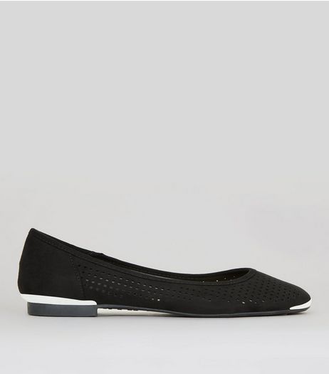 Black Perforated Metal Trim Pumps | New Look