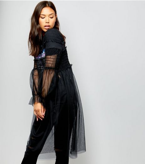 Black Shirred Frill Trim Mesh Midi Dress | New Look