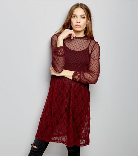 Burgundy Mesh Long Sleeve Midi Skater Dress | New Look