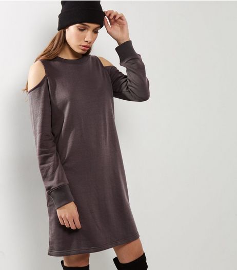 Dark Grey Cold Shoulder Longline Sweater | New Look
