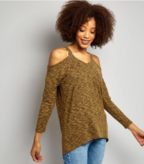 Green Cold Shoulder Long Sleeve Top | New Look