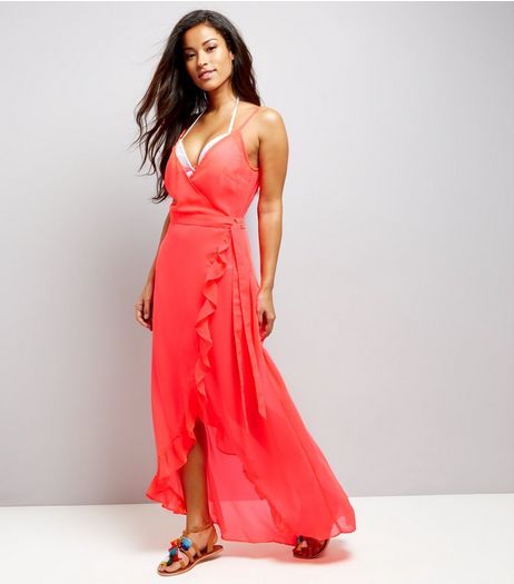 Coral Frill Trim Wrap Front Maxi Beach Dress | New Look