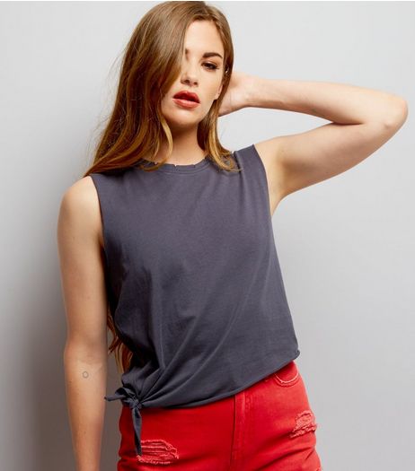 Dark Grey Knot Front Tank Top | New Look