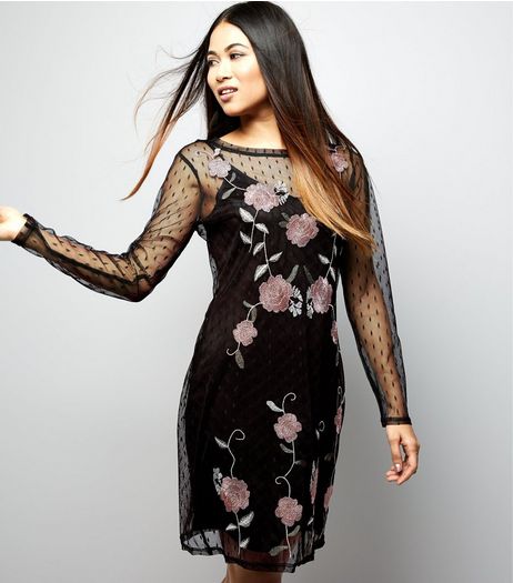Petite Spot Mesh Embroidered Long Sleeve Dress | New Look