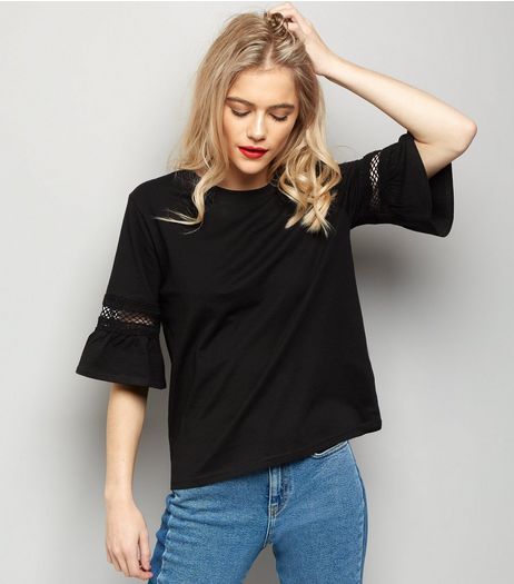 Black Cut Out Frill Sleeve T-Shirt | New Look