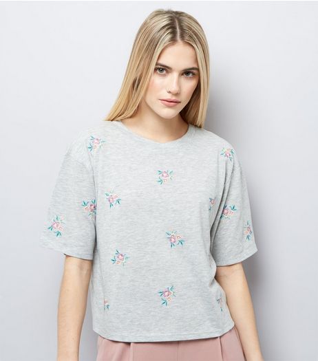 Grey Floral Embroidered Short Sleeve T-Shirt | New Look