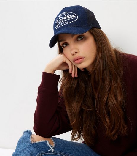 Blue Denim Brooklyn Embroidered Mesh Back Cap | New Look