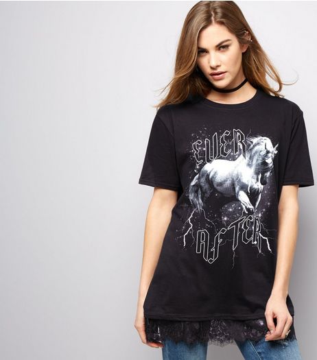 Black Ever After Horse Print Lace Hem T-Shirt | New Look