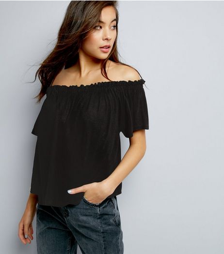Black Shirred Bardot Neck Top | New Look