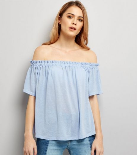 Blue Shirred Bardot Neck Top | New Look