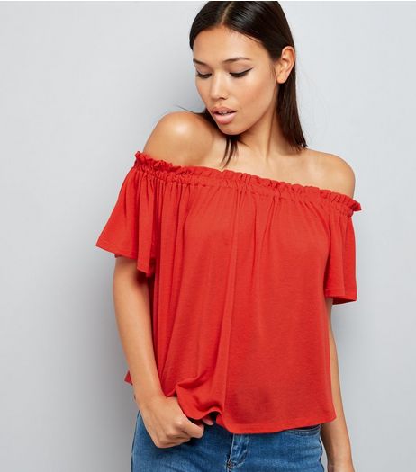 Red Shirred Bardot Neck Top | New Look