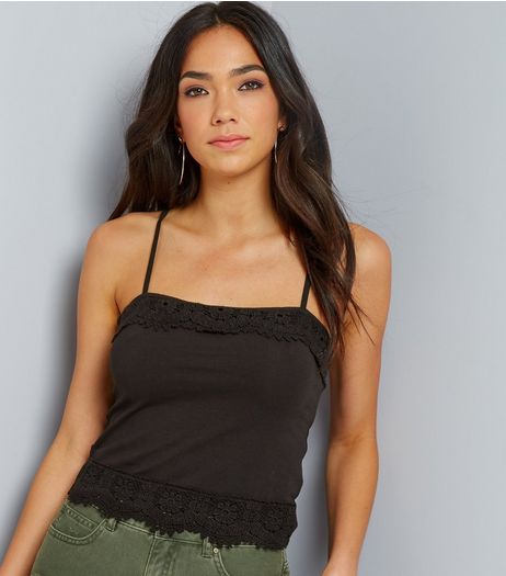 Black Lace Trim Cropped Cami Top | New Look