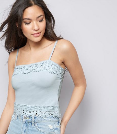Blue Lace Trim Cropped Cami Top | New Look