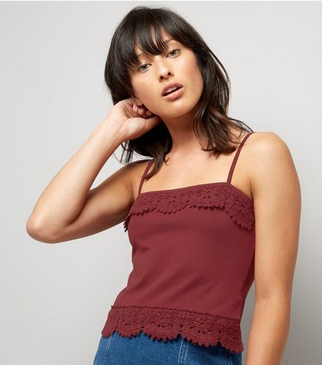 Burgundy Lace Trim Cropped Cami Top | New Look