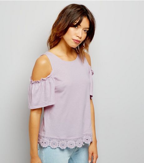 Lilac Lace Hem Cold Shoulder Top | New Look