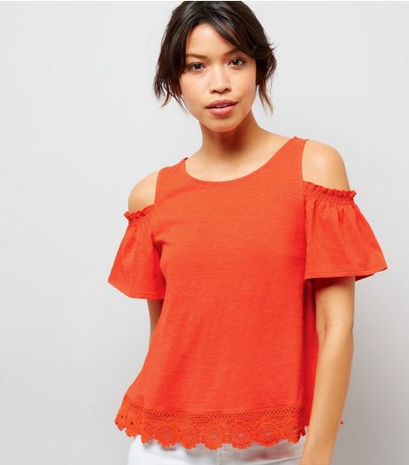Orange Crochet Lace Hem Cold Shoulder Top | New Look