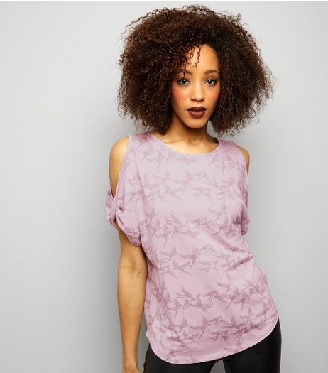 Pink Bird Print Twist Cold Shoulder T-Shirt | New Look