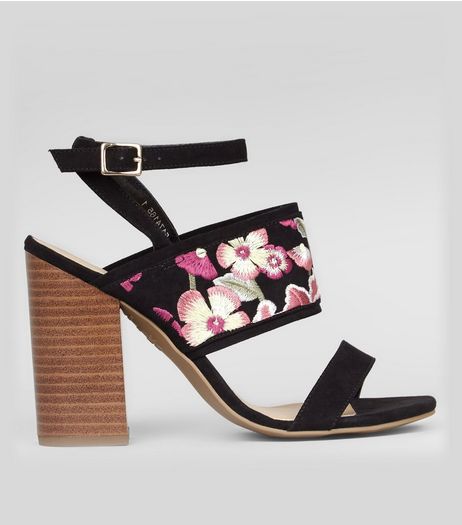 Black Floral Embroidered Panel Heeled Sandals | New Look