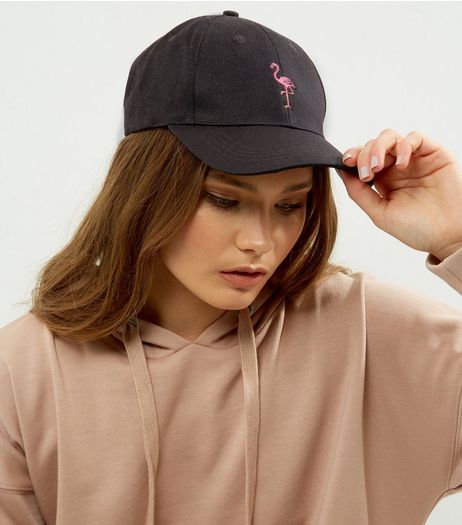 Black Embroidered Flamingo Cap | New Look