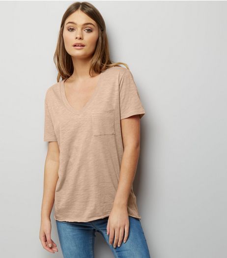 Light Brown Organic Cotton V Neck T-Shirt | New Look