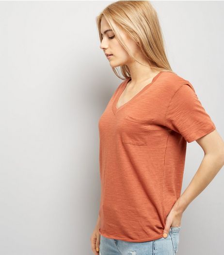 Light Brown Organic Cotton V Neck T-Shirt | New Look