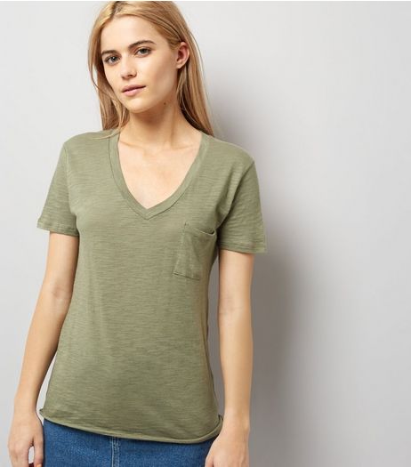 Olive Green Organic Cotton V Neck T-Shirt | New Look