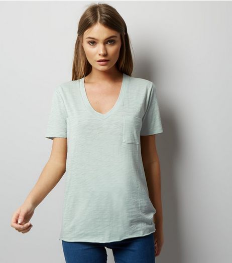 Mint Green Organic Cotton V Neck T-Shirt | New Look
