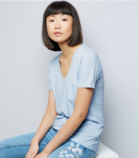 Pale Blue Organic Cotton V Neck T-Shirt | New Look