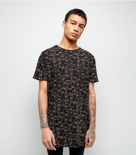 Black Crackle Print Longline T-Shirt | New Look