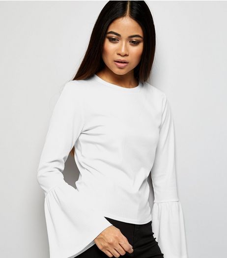 Petite White Ribbed Bell Sleeve Top | New Look