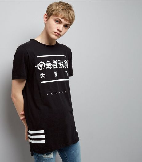 Black Osaka Print Longline T-Shirt | New Look