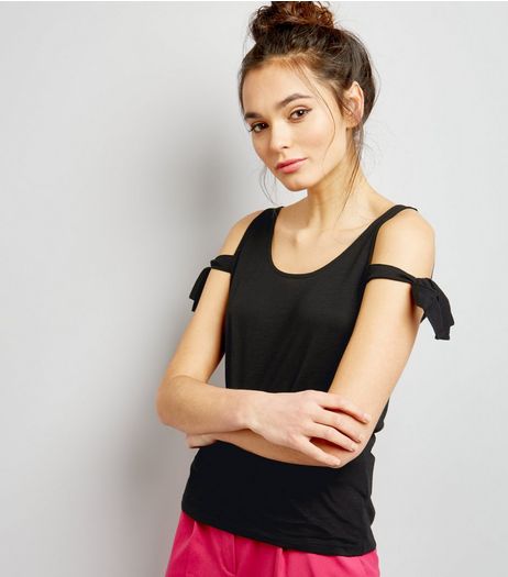 Black Tie Sleeve Cold Shoulder Top | New Look