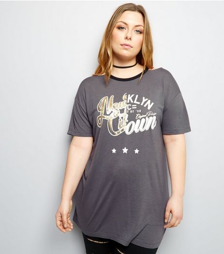 Curves Black Cut Out Neck Spliced Print T-Shirt | New Look