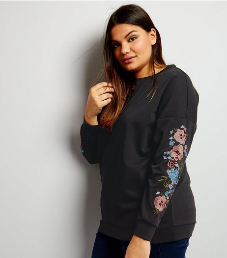 Curves Black Floral Embroidered Sweater | New Look