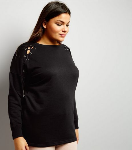 Curves Black Eyelet Trim Long Sleeve Sweater | New Look