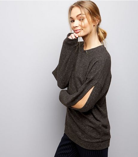 Dark Grey Brushed Split Sleeve Top | New Look