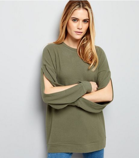 Olive Green Brushed Split Sleeve Top | New Look