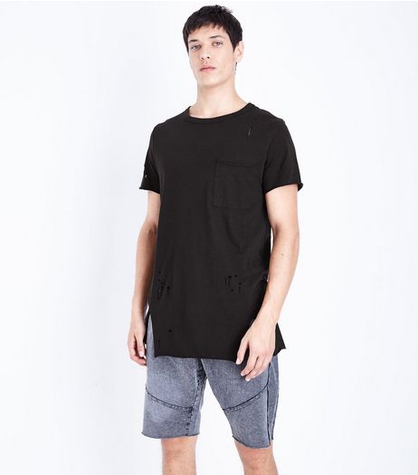 Black Distressed Pocket Front Longline T-Shirt | New Look
