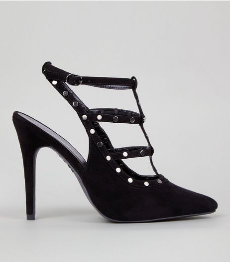 Black Suedette Strappy Stud Pointed Heels | New Look